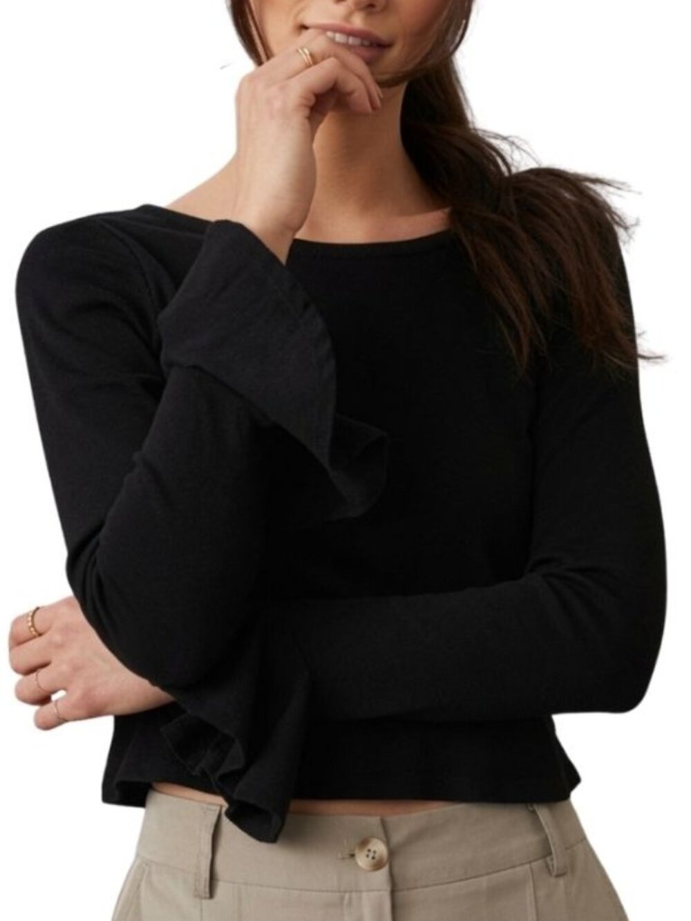 Anthropologie Maeve Flouncy Bell Sleeve Boat Neck Top Black Size Medium